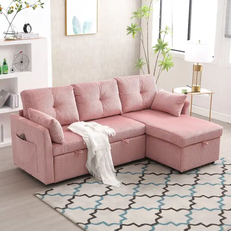 Corduroy/Chenille Upholstered L-Shaped Storage Reversible Chaise Sectional Sofa with Side Pocket