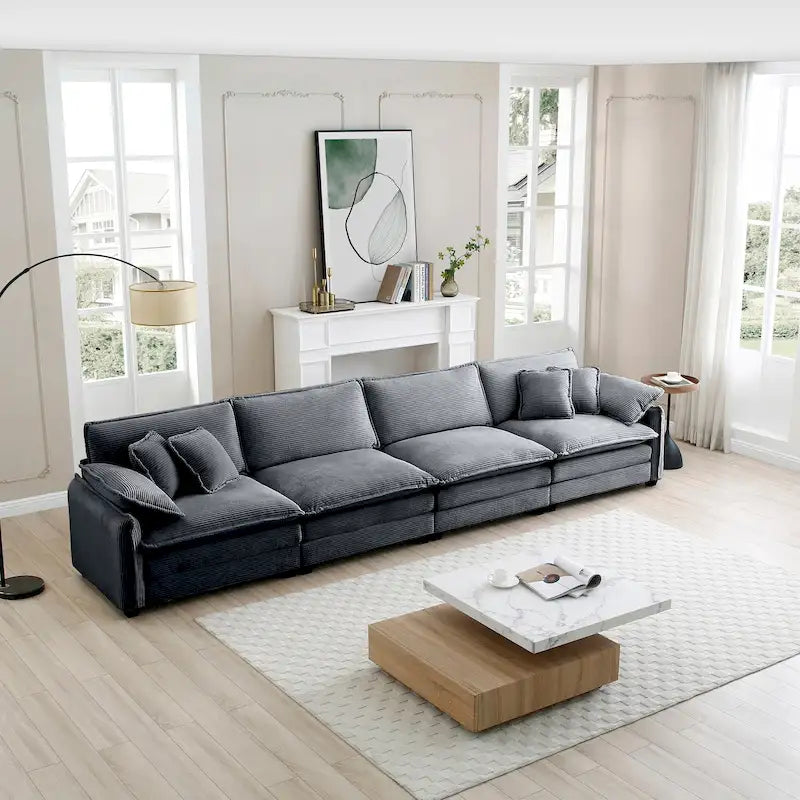 Grey 150 Corduroy 4-Seater Modular Sectional Sofa, 6 Pillows & Free Combination
