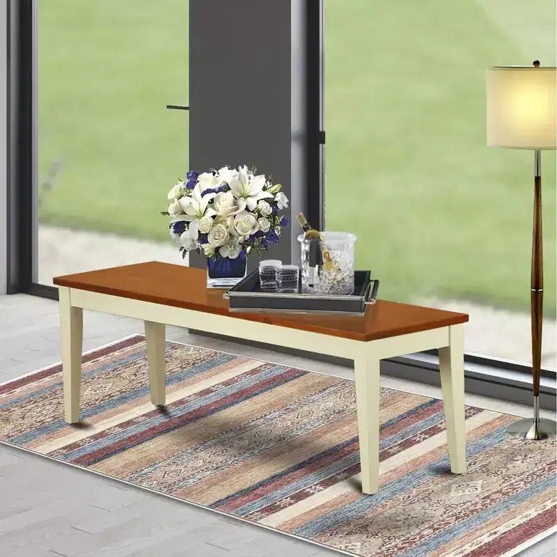 HomeStock Dining Room Bench with Wood Seat, 54x15x17 Inch, Buttermilk & Cherry