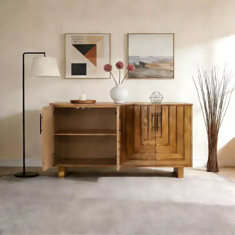 JVNOXK Modern 4-Door Sideboard Constructed with MDF and ash veneer, featuring metal handles and natural finishes, perfect for dining rooms