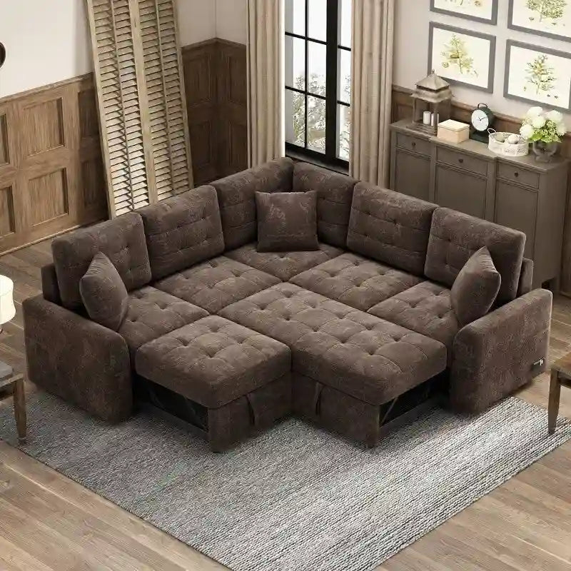82.6 L-shape Sofa Bed,Sleeper Sofa with Wheels and USB Ports