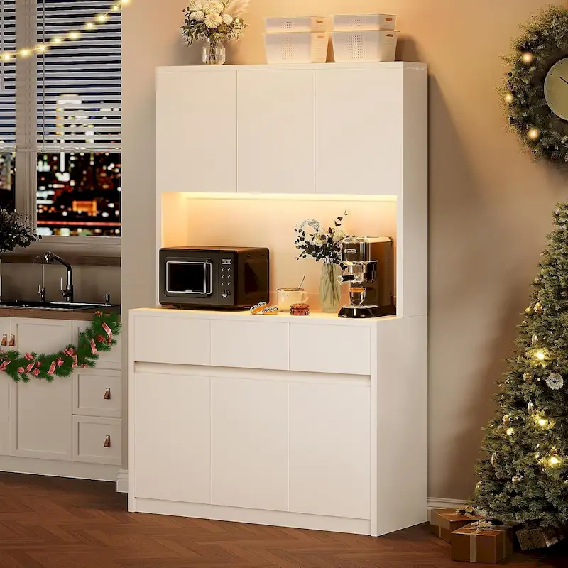 Large Kitchen Pantry with Microwave Countertop and LED Lights
