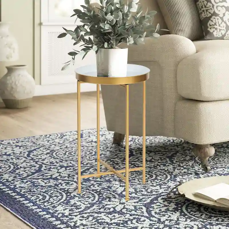 Adeco Round End Table Gold Metal Side Nightstand Accent Coffee Tables - 15(D)x 15(W)x 25.7(H)