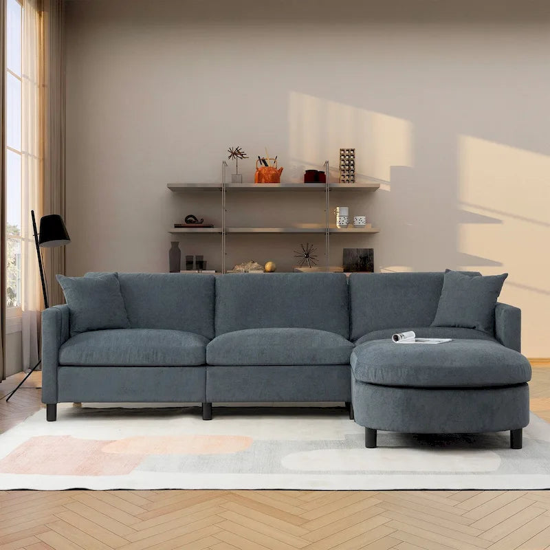 107.87 Sectional Sofa with Ottoman, Removable Cushions and Armrest Pockets,Dark Gray