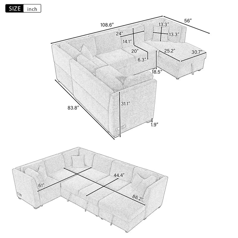 108.6 U-shaped Sectional Sofa Pull out Sofa Bed with Two USB Ports, Two Power Sockets, Three Back Pillows and a Storage Chaise
