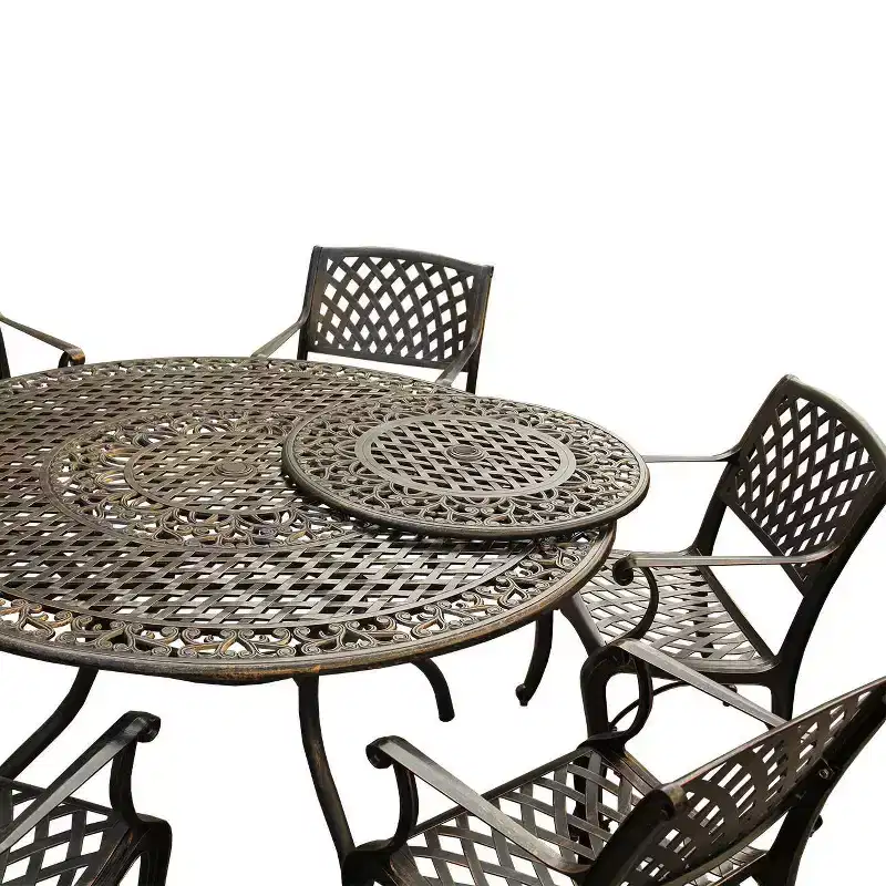 7pc Outdoor Dining Set with Ornate Traditional & Modern Contemporary Mesh Lattice Aluminum 59 Round Table - Bronze - Oakland Living