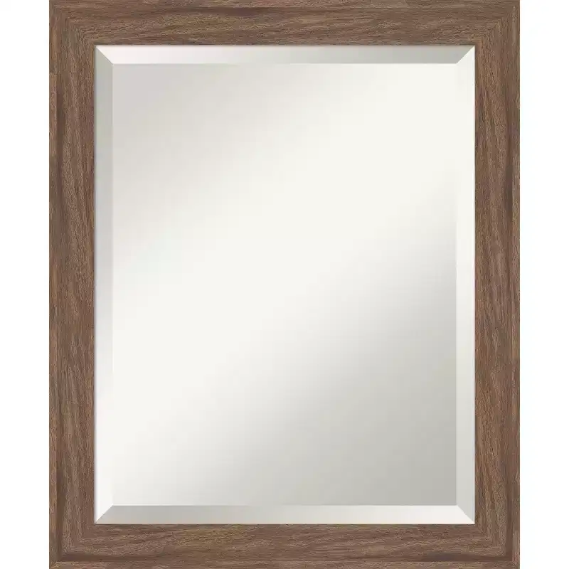 Narrow Beveled Framed Bathroom Vanity Wall Mirror, Medium Brown, Rectangle