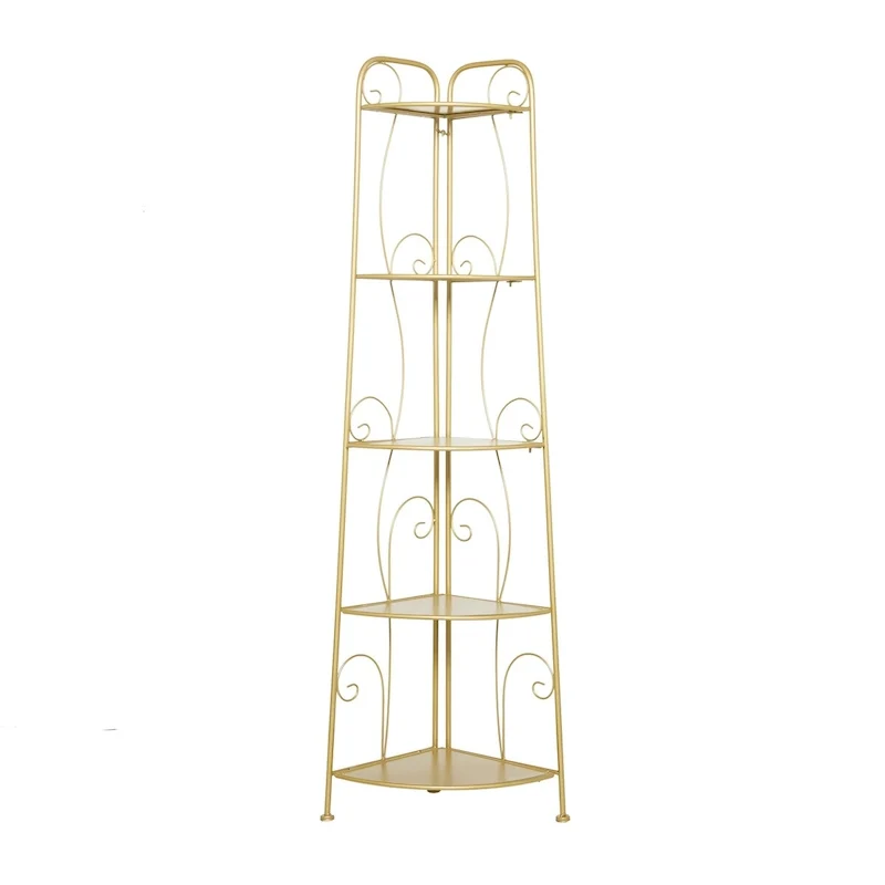 Metal Scroll Indoor Outdoor Tall Folding 5 Shelves Bakers Rack - Gold or White - Roche River Decor
