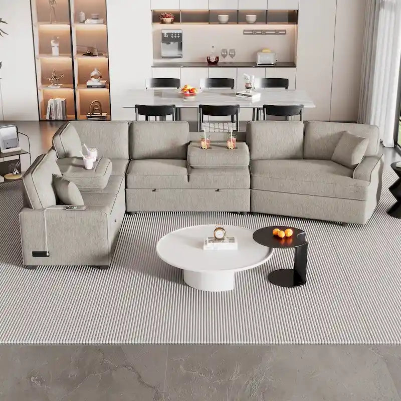 126 L-shaped Sofa Sectional Sofa Couch Pull-out Sofa Bed with Charging Devices and Cup Holders for Living Room, Beige