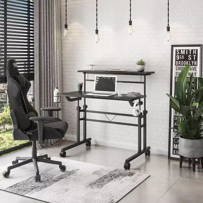TUYOHW Rolling Writing Desk,Study Desk with Height Adjustable Desktop,Movable Shelf,Locking Wheels,Cup Holder,Headphone Holder,Desk for Office