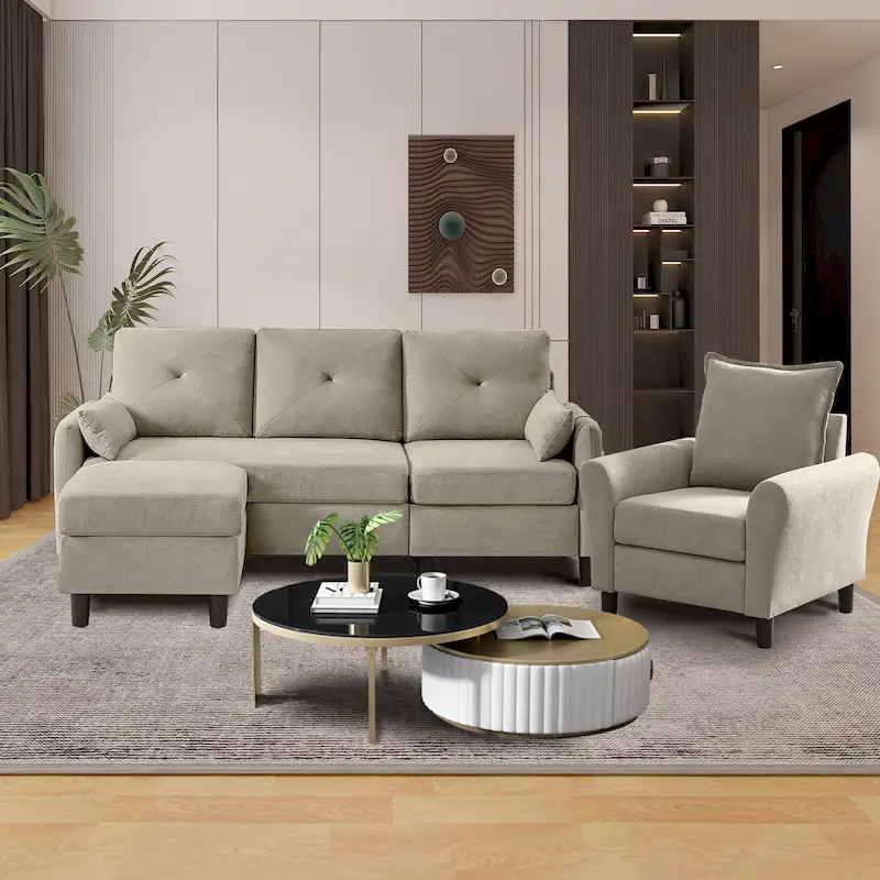 3-Pieces Sectional Sofa Set with Ottoman and Chair
