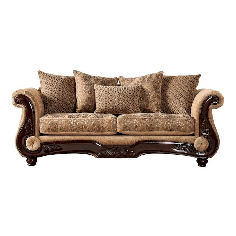 Nican 2pc Sofa Loveseat Set, Tan Gold Faux Leather, 8 Accent Pillows