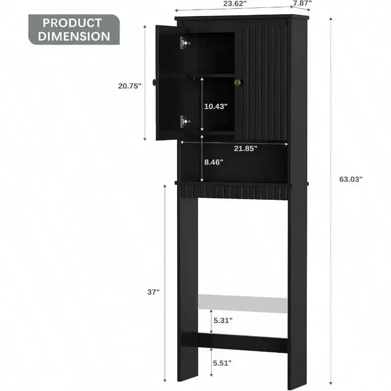 Black Over-Toilet Storage Cabinet, Fluted Doors, Soft-Close Hinges, Standard