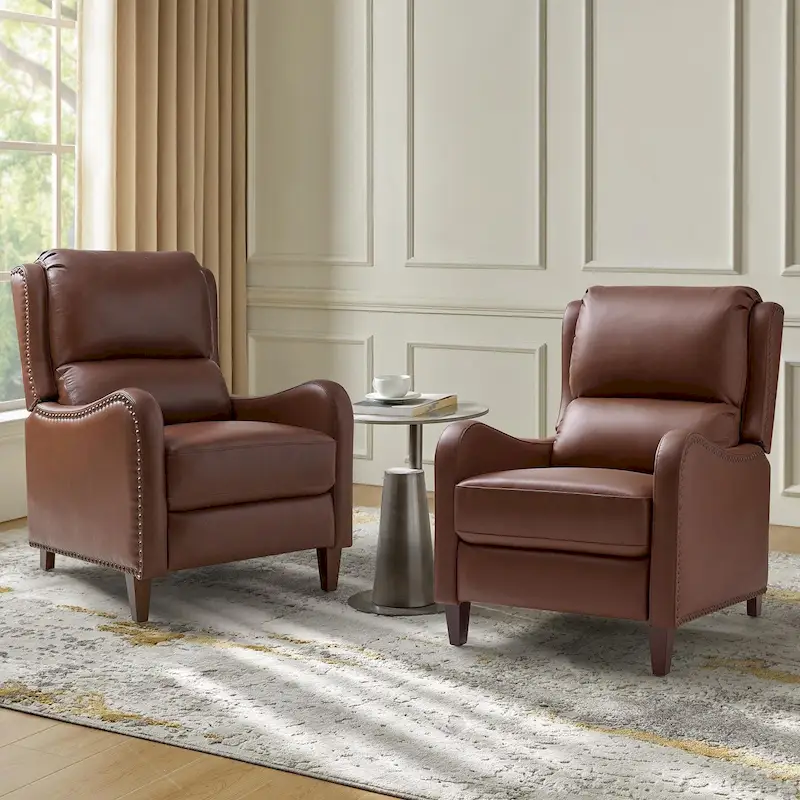 Brigida Modern Genuine Leather Nailhead Trim Recliner with Adjustable Footrest Set of 2 by HULALA HOME