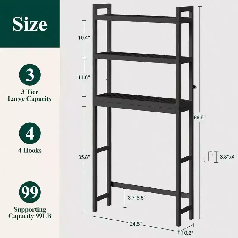 Over Toilet Storage Cabinet 3-Tier Bathroom Organizer with Adjustable Shelf & 4 Hooks, Black