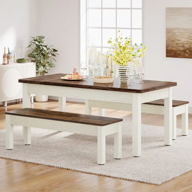 55-Inch Dining Table Set for 4-6, Wood Kitchen Table with 2 Benches