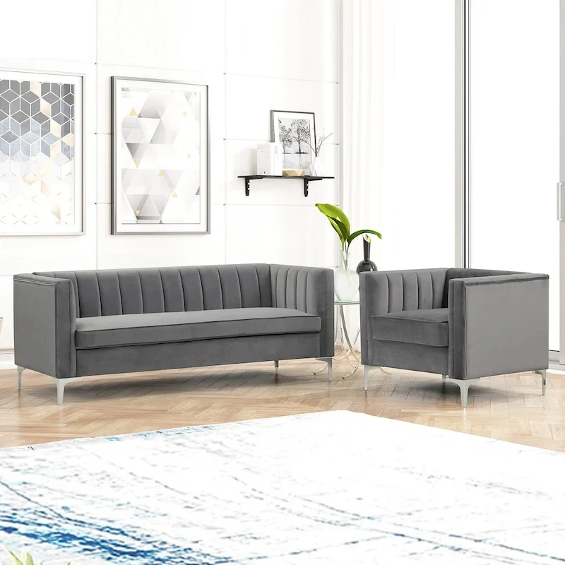 Morden Fort Modern 2 Pieces of Chair and Sofa Couch Set with Dutch Velvet Grey, Iron Legs
