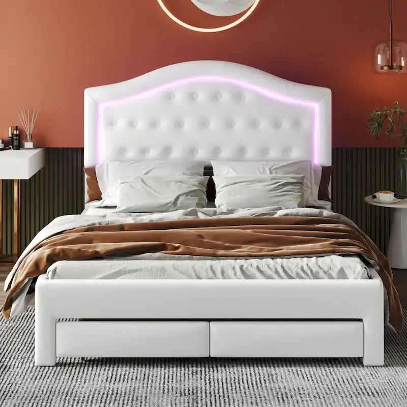 White Queen Size Upholstered Bed with Tufted Headboard, LED, and 2 Drawers