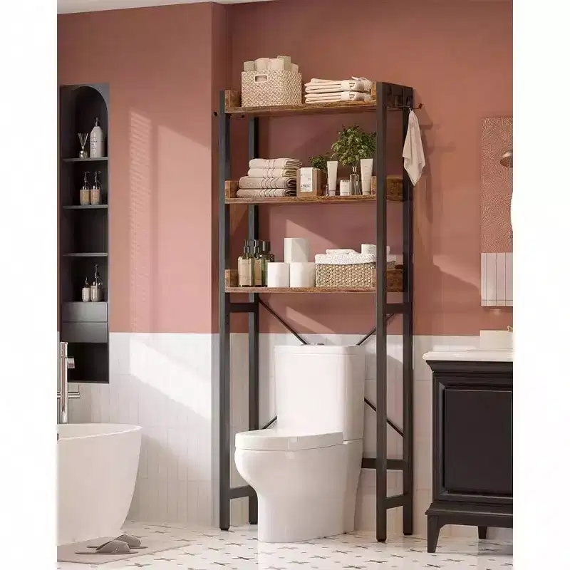 Rustic Brown 3-Tier Over-Toilet Storage Shelf with 4 Hooks, 1-Person Assembly