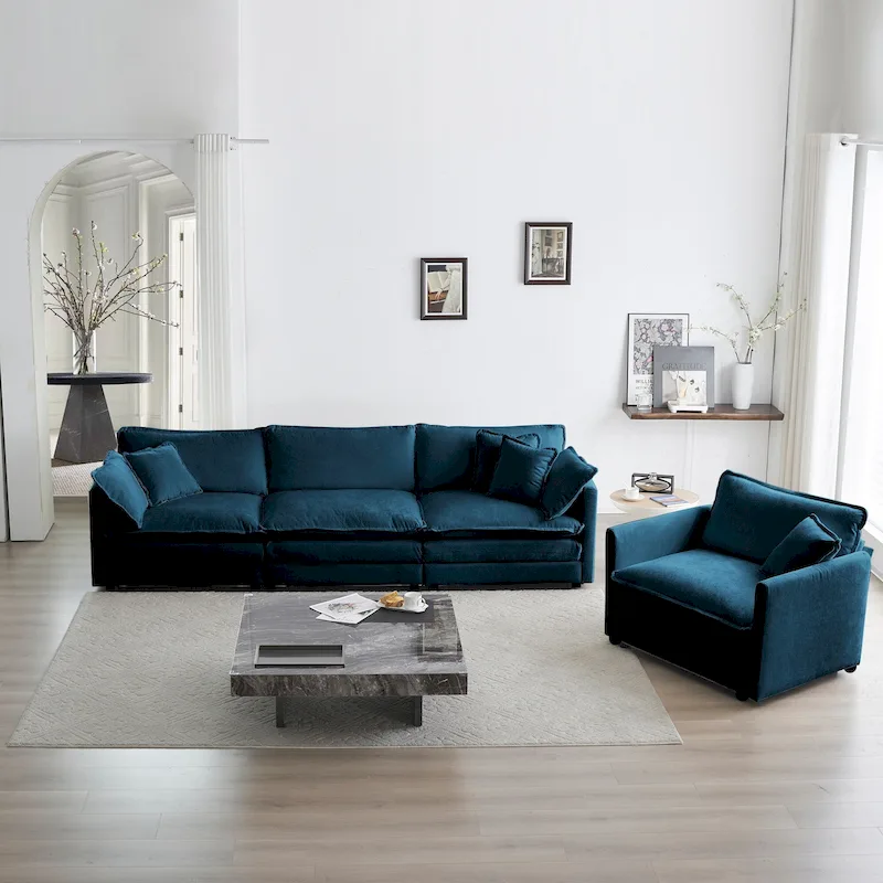 Sofa Set of 3, 1+1+3 Seats Living Room Sofa Set, Accent Chair, Loveseat, and Three-Seat Sofa Modern Style Round Arms 3 Piece Sof