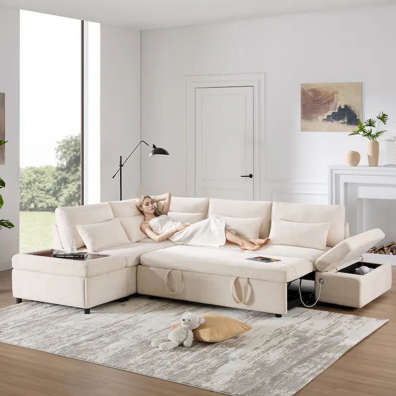 Chenille Modular Sectional Sleeper Sofa Bed with Storage Ottoman