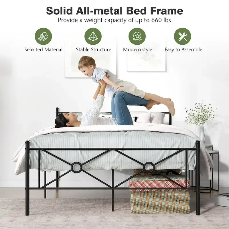 Gymax Full/Queen Size Metal Platform Bed Frame w/ Headboard Mattress