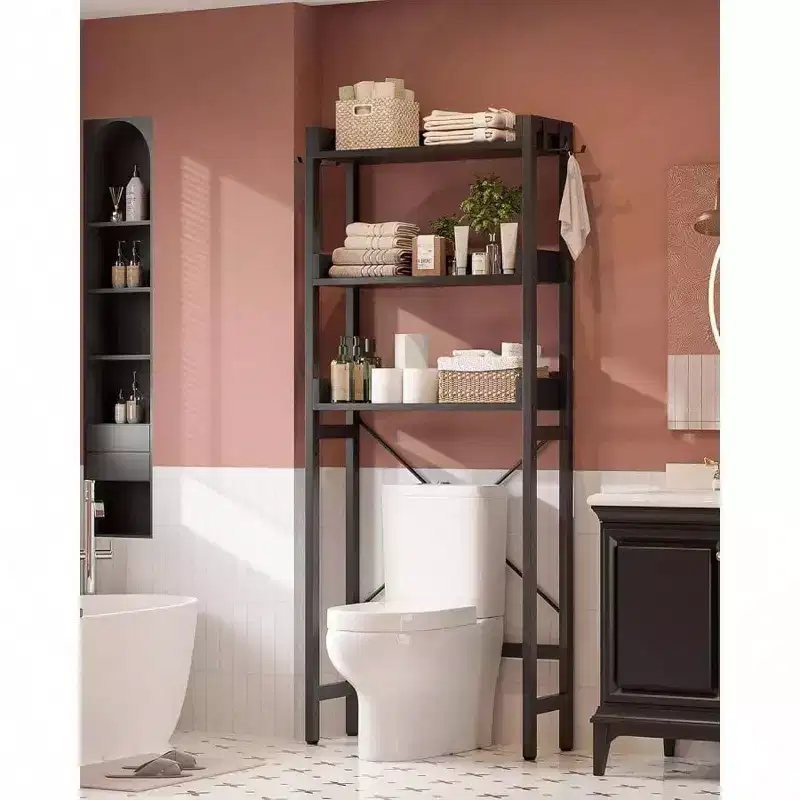 Black Metal 3-Tier Over-Toilet Storage Shelf with Hooks, 1-Person Assembly