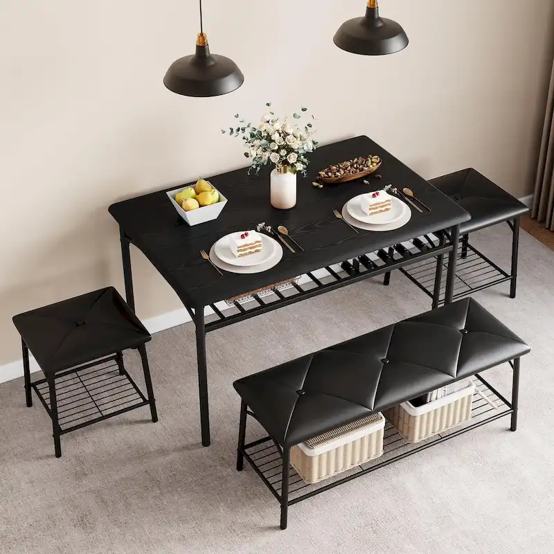 Dining Table Set for 4, Kitchen Table Set with Upholstered Bench and Square Stools