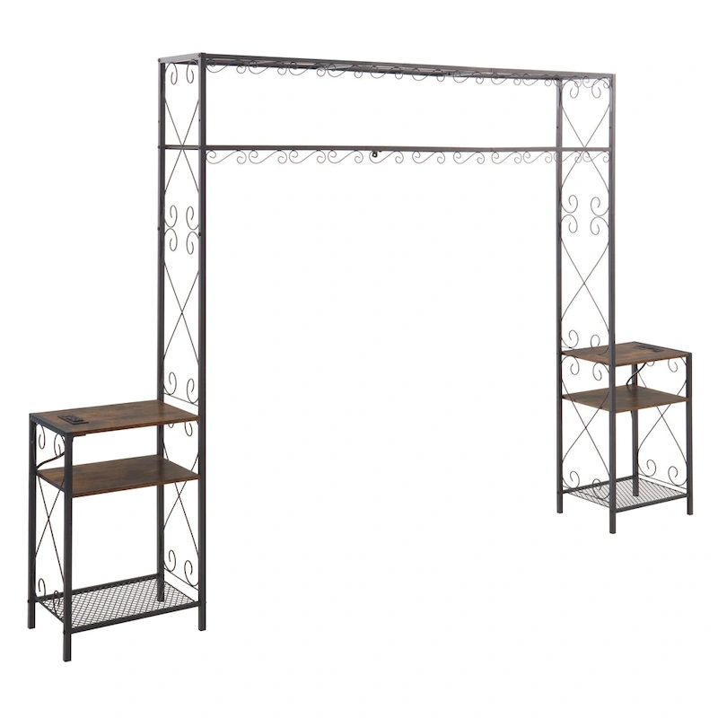 Rustic Brown Metal Queen Bed Frame, Headboard with 2 Nightstands and Bookcase