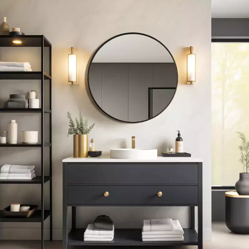 USHOWER Black Round Mirror for Over Sink 24-inch, Circle Bathroom Mirror, Metal Frame Vanity Mirror, Modern Wall Mirror for Entryway Living Room