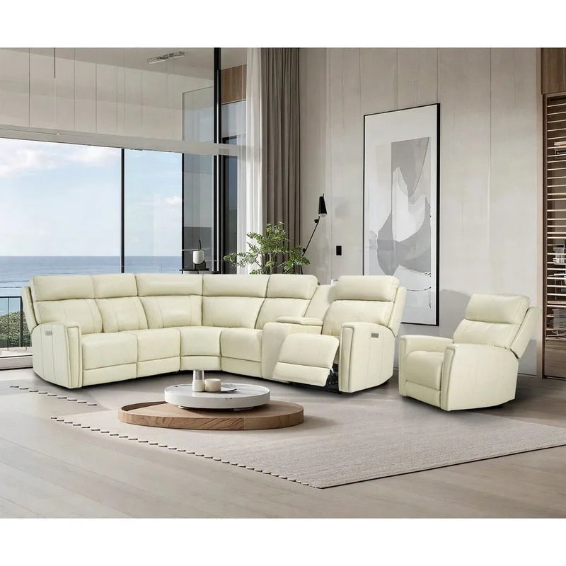 104 W 6 Seater Genuine Leather Power Sectional and 39 W Recliner Set with Zero Gravity, USB Ports, 2 stationaryarmlesschairs
