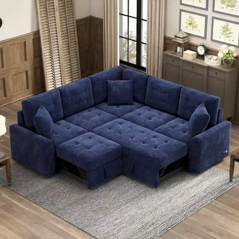 Navy Blue 82.6 Velvet L-Shaped Sleeper Sectional Sofa with USB Ports