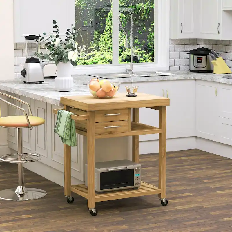 HOMCOM Bamboo Rolling Kitchen Island Trolley Utility Cart with Rolling Wheels, 2 Storage Drawers & Adjustable Shelving