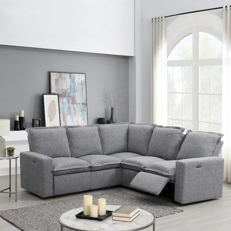 Linen Upholstered L-Shaped Sectional Sofa with 2 Power Recliner Chair and USB Port for Living Room