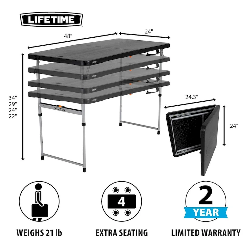 Lifetime 4-Foot Fold-In-Half Adjustable Table, Black (Light Commercial)